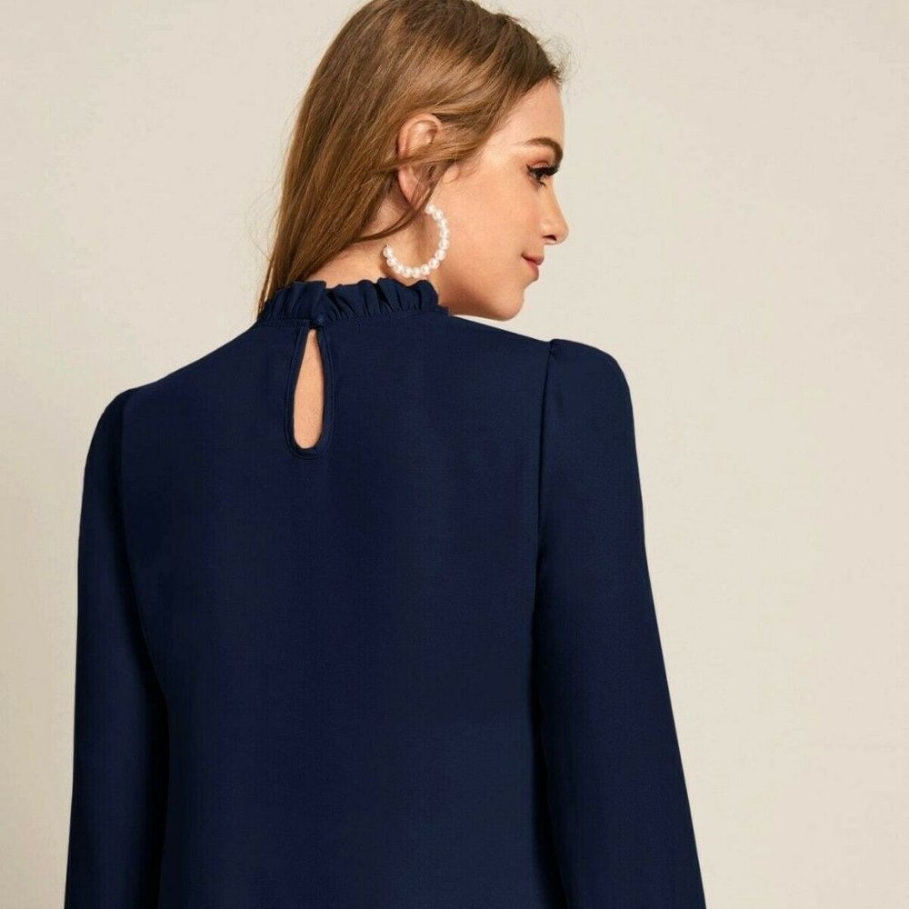 NWT 1 LEFT Ruffled Mock Neck Pearl Embellished Top - Picture 3 of 5